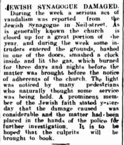 Report of an arson attack on the Toowoomba Synagogue (1920)