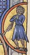 Circa 1225-1240, France. Triple pipes from the Lewis Psalter, Lewis E 185, folio 1v. The instrument does not appear to have fingerholes.