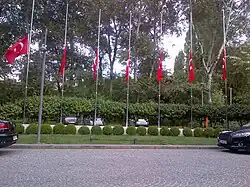 Turkish flags at half mast, commemorating the 2016 Atatürk Airport attack