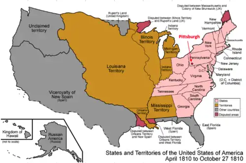 map of United States showing Pittsburgh in the western portion