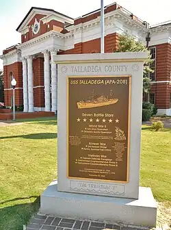 A monument to the accomplishments of the USS Talladega stands in the Talladega Historic Courthouse Square.