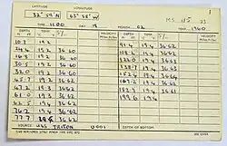 Data sheet dated February 18, 1960 with columns and rows of position, depth, and sea temperature information.