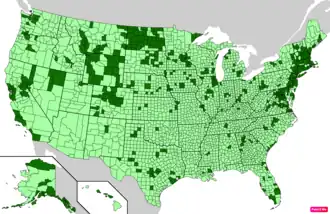 Counties in the United States by per capita income according to the U.S. Census Bureau American Community Survey 2013–2017 5-Year Estimates.[277] Counties with per capita incomes higher than the United States as a whole are in full green.