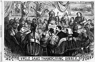 An 1869 Nast cartoon supporting the Fifteenth Amendment optimistically envisions a multicultural comity that interprets the national motto E pluribus unum as a heartening holiday family gathering; "In the words of J. Henry Harper, 'Nast was one of the great statesmen of his time. I have never known a man with a surer political insight. He seemed to see approaching events before most men dreamed of them as possible.'"