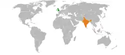 Map indicating locations of United Kingdom and india