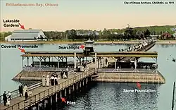 Colourized postcard focussing on the covered promenade on the Britannia Pier, the only one of its’ kind in Canada. A searchlight provided a spectacular night view (1911).