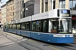 A Bombardier Flexity low-floor tram on typical VBZ street track