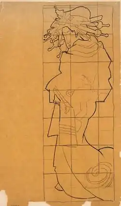 an old looking squared up tracing of a Japanese woman