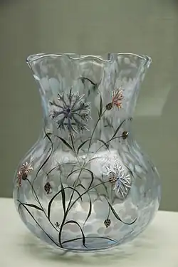 Vase with Bleuet flowers, "Moonlight blue" polychrome glass with enamel flowers, speckles (1879)
