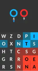 A completed turn, with nine letters in red and six in blue.
