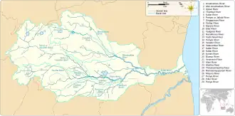 Map showing the watershed of the Vellar River, along with the courses of the river and its tributaries, including the Manimuktha