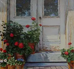 beautiful oil of old porch with 2 windowed doors, reflecting sky, with many geranium flowers, other plants tinged in sunlight surrounding them