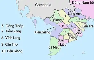 A map of the lower Mekong Delta, demarcated by the various Vietnamese administrative areas. The provinces of Vinh Long and Tra Vinh, situated between the Mekong and Bassac rivers, constitute the northern coastal complex identified by Taylor.