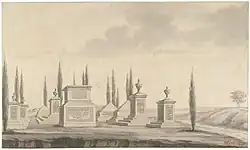 View of the burial ground at Bangalore, with Officers who fell in the Battle for Bangalore - Select Views in Mysore, the country of Tippoo Sultan by Robert Home (1752-1834)[19]