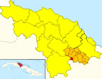 Map of Báez (Red) in Placetas (Orange) in Villa Clara (Yellow)