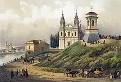 19th-century painting of a large church on a river