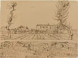 A drawing with reed pen, brown ink over graphite of a farmhouse and ploughman in Arles, France.