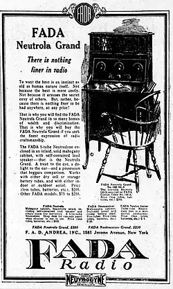 Newspaper advertisement for radio, with the slogan “There is nothing finer in radio”. It features a drawing of the radio sitting on a desk, with a chair in front of it, as well as a lengthy description of the radio.
