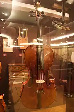 A photo of a Guarneri violin in a glass cabinet