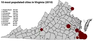Top 10 most populated cities in Virginia (2010).