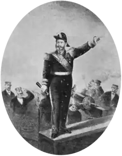 Engraving depicting a man in an admiral's uniform, spyglass in hand and left hand pointing forward, standing on a platform aboard a ship while sailors fire cannons in the background