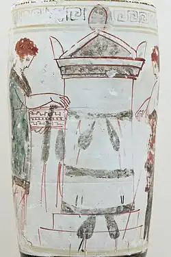 Photograph showing detail from an Athenian vase. A woman leaves a garland on a tomb.