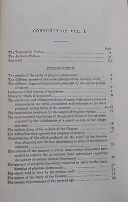 Table of contents to volume 1 of "Cosmos" (1849)