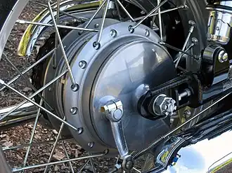 A drum brake at the spoked rear wheel of a Kawasaki W800
