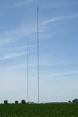 The 411.8-meter (1,351.0 ft) tall WBUI tower (left tower) near Argenta, Illinois, 2007.[9]