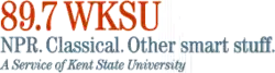 Three lines of text, all in serif font. The first line, colored red, reads "89.7 WKSU". The second line, colored blue, reads "NPR. Classical. Other smart stuff." The third line, in italics, reads, "A Service of Kent State University"