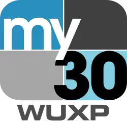 A rounded rectangle divided into blue and gray parts with the word "my" in white and a black "30" in the lower right. Underneath is the text "W U X P".