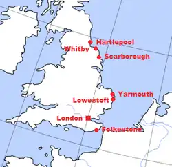 A map of England, with towns bombarded during the war marked. All are in the east.