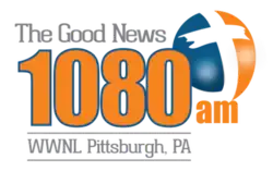 Logo saying "The Good News 1080 am WWNL Pittsburgh, PA" with a cross on the right