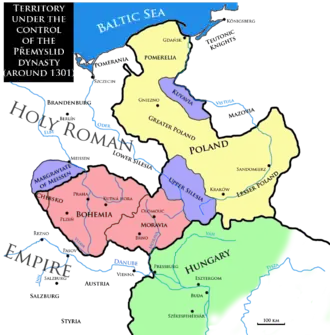 The Přemyslid state (Czech lands are red) in the early 14th century