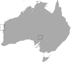 map of Australia showing remnant native range on islands in Shark Bay, and reintroduced range on Faure Island, WA and Roxby Downs, SA