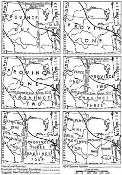 Maps showing proposals the federal government considered when dividing the North-West Territories into provinces.