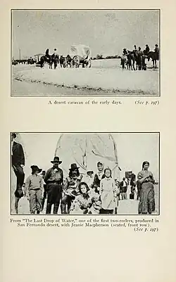 Black and white photograph showing several people in Western costumes from the film production
