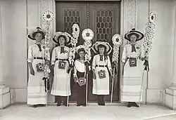 The OTMA sisters on the 1912 White Flower Day, ready to go around in Livadiya and Yalta (in Crimea) selling white flowers to people to get donations for people fighting tuberculosis.