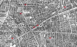 The Whitechapel murders – Mitre Square is the red dot to the bottom left corner.