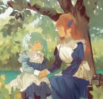 Wikipe-tan, the unofficial mascot of Wikipedia, sits in a park setting with an adult version of her sister, Commons-tan. The two are holding hands, and Commons-tan looks down at Wikipe-tan. They are both blushing.