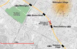 Map showing Metrolink tram stops in the vicinity of Withington Village