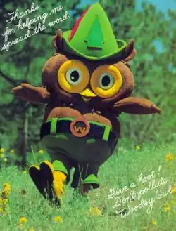 Cartoon owl character wearing a ranger hat with environmental message