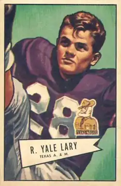 Yale Lary on a 1952 Bowman football trading card.