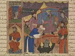 Zal meets king Manuchihr, asking for his mercy. From the "Great Mongol Shahnameh". Tabriz, c. 1330