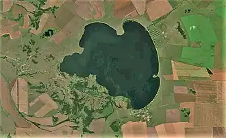 Sentinel 2 image of Zhaksy-Zhalgyztau lake with Priozyornoye village in the lower right.