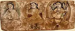 Left to right: Ohrmazd, Nana, and Weshparkar. Khotanese panel from Dandan Oilik.