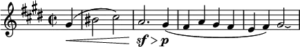 
\relative g' {
 \key cis \minor \time 2/2
 \set Score.tempoHideNote = ##t \tempo 2 = 44
 \set Staff.midiInstrument = "violin"
 \partial 4 gis(\< |
 bis2 cis) | a2.\sf\> gis4\p(| fis a gis fis | e fis) gis2\laissezVibrer |
}
