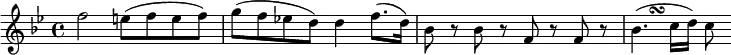 \relative c' {
  \key bes \major
  f'2 e8( f8 e8 f8) |
  g8( f8 ees!8 d8) d4 f8.( d16) |
  bes8 r8 bes8 r8 f8 r8 f8 r8 |
  << { bes4. (c16 } { s4 s8\turn } >> d16) c8
}