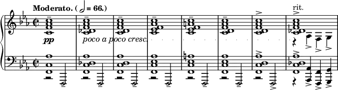\layout {
#(set-global-staff-size 14)
}
\parallelMusic voiceA, voiceB, voiceC {
<c f aes c>1^\tenuto |
<f, c' aes'>1 |
r2 f-- |
<c des f aes c>1^\tenuto |
<f c' des aes'>1 |
r2 f-- |
<c d f aes c>1^\tenuto |
<f c' d aes'>1 |
r2 f-- |
<c ees f aes c>1^\tenuto |
<f c' ees aes>1 |
r2 f-- |
<c ees f a c>1^\tenuto |
<f c' ees a>1 |
r2 f-- |
<c d f aes c>1^\tenuto |
<f c' ees aes>1 |
r2 f-- |
<c d f aes c>1^\accent |
<f c' d aes'>1-> |
r2 f-> |
}
\relative c {
\new PianoStaff <<
\new Staff {
\set Score.tempoHideNote = ##t
\tempo \markup { Moderato. (\note {2} #1 = 66.) } 4 = 66
\key c \minor
\time 2/2
<<
\relative c' \voiceA
>>
<<
\relative c' {<c des f aes c>1->}^"rit."
\\
\relative c' {r4 aes-> f-> g->}
>>
}
\new Dynamics {
s1\pp |
\set crescendoText = \markup { \italic { poco a poco cresc. } }
\set crescendoSpanner = #'text
\override DynamicTextSpanner.style = #'dotted-line
s1\< |
s1 | s1| s1 | s1 | s1 | s1\!
}
\new Staff {
\key c \minor
\time 2/2
\clef bass
<<
\relative c \voiceB
\\
\stemUp
\relative c,, \voiceC
>>
<<
\relative c, {<f c' des aes'>1->}
\\
\stemUp
\relative c, {r4 <aes aes'>-> <f f'>-> <g g'>->}
>>
}
>>
}