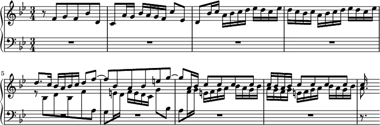 \language "english"
{
<<
\new PianoStaff <<
\new Staff = "RH" \relative c' {\key bf \major \time 3/4 r8 f g f bf d, | c a'16 g bf a g f c'8 ef, | d bf'16 c a bf c d ef d c ef | {d c bf c a bf c d ef d c ef} |
<< {d8. c16 bf a bf c d8 f~ } \\ {r8 bf,, d bf f' \change Staff = "LH" a,} >> | << \relative c''{f bf, a bf e g~} \\ {\change Staff = "LH" g \change Staff = "RH" e'16 d f e d c g'8 \change Staff = "LH" bf,} >> | << \relative c'''{g a,16 bf c8 c c c} \\ {\change Staff = "LH" a \change Staff = "RH" f'16 g e f g a bf a g bf} >> | << {c16 bf a bf c8 c8 c8 c8} \\ {a16 g f g e f g a bf a g bf} >> | << {c} \\ {a8.} >> }
\new Staff = "LH" \relative c' {\key bf \major \clef bass \time 3/4 R1 * 3/4 | R | R | R | R | R | R | R | r8.}
>>
>>
}